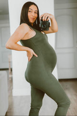 Olive Ribbed Bodycon Maternity Jumpsuit