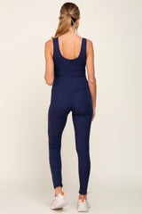 Navy Blue Ribbed Bodycon Maternity Jumpsuit