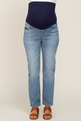 Blue Distressed Straight Leg Maternity Jeans