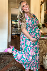 Teal Floral Square Neck Smocked Maternity Midi Dress