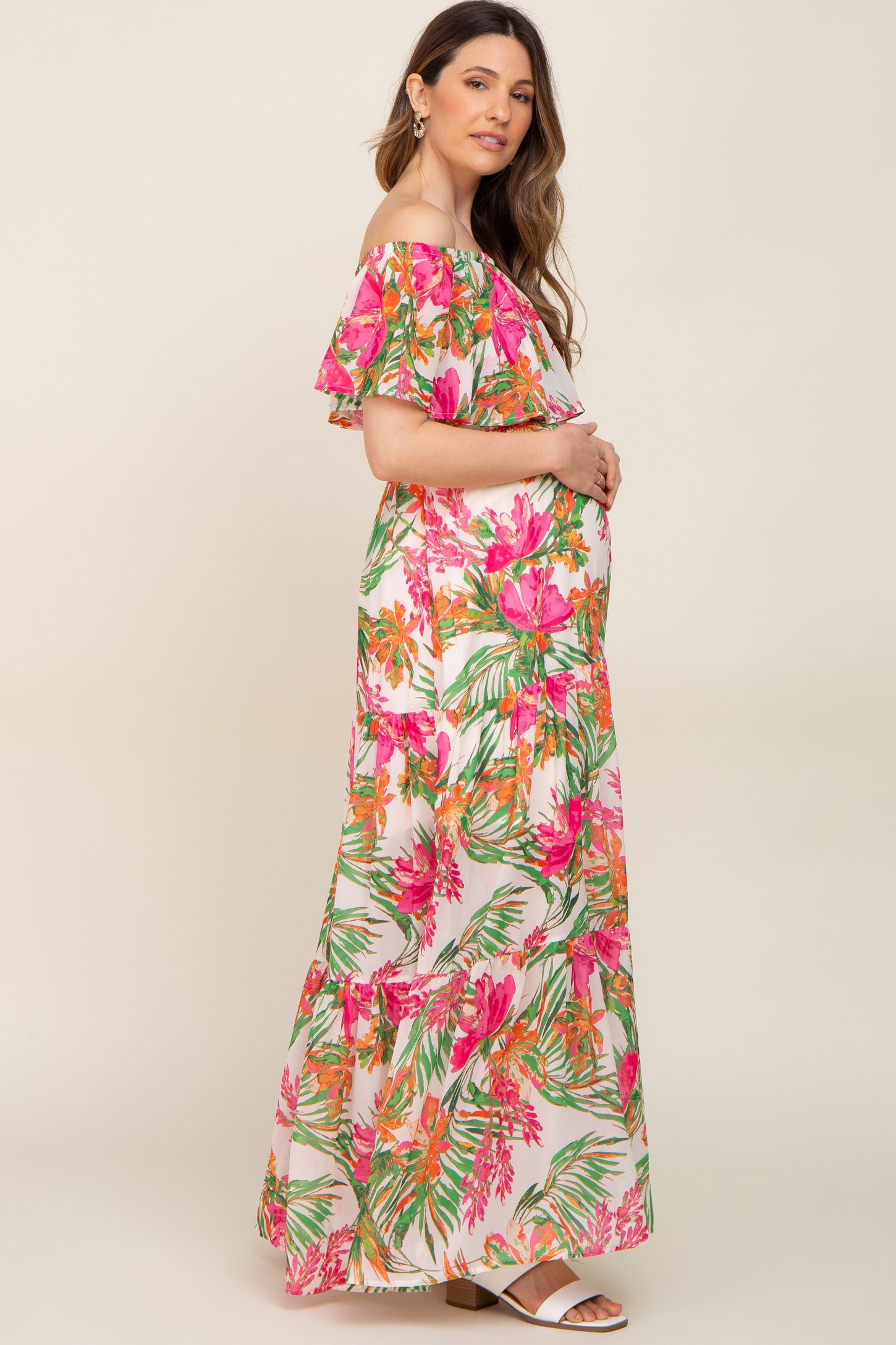 Ivory Tropical Print Off Shoulder Maternity Maxi Dress
