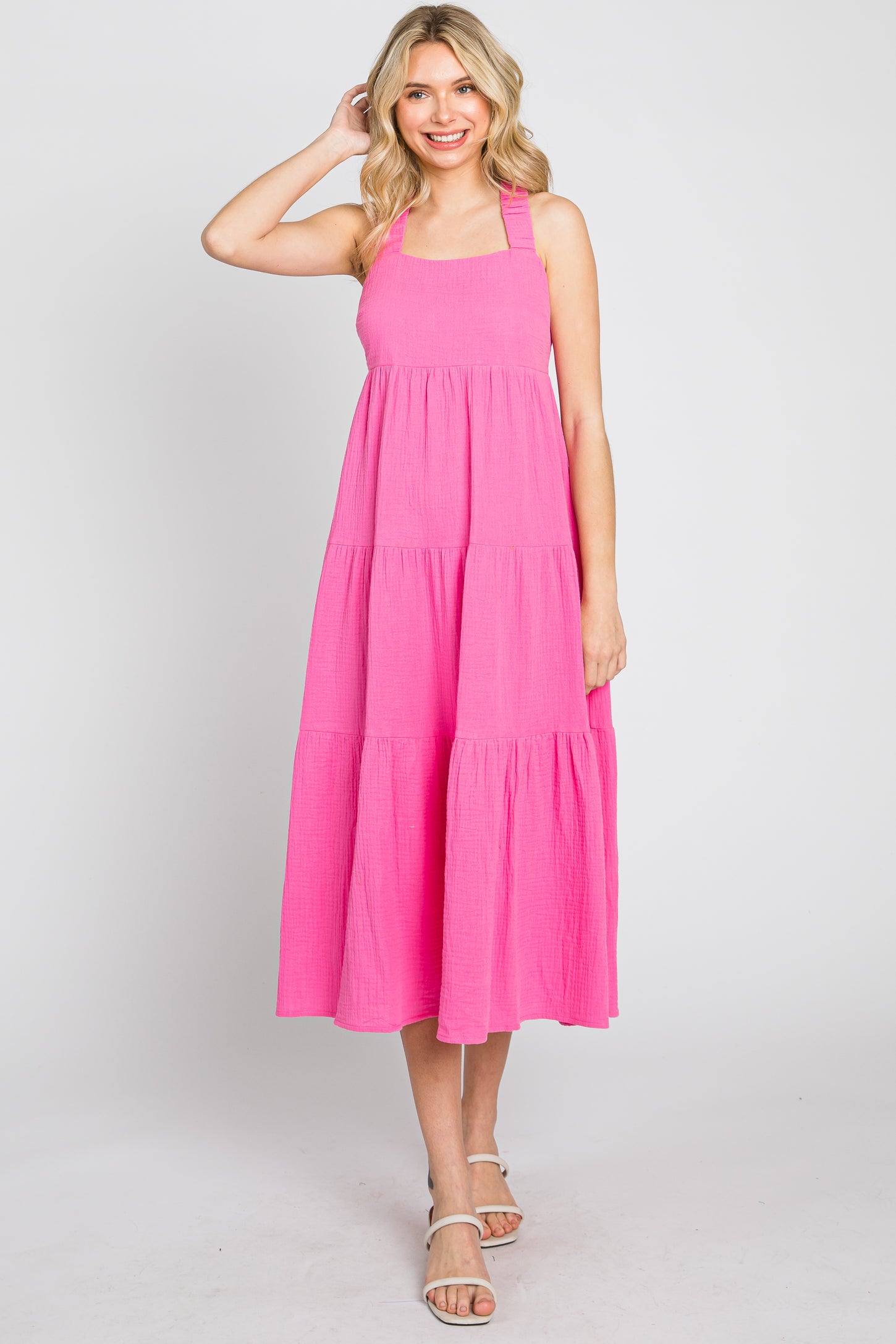 Neon Pink Tiered Crisscross Strap Midi Dress