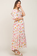 White Floral Puff Sleeve Maternity Maxi Dress