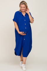 Royal Blue Button Down Hi Low Maternity Plus Maxi Dress