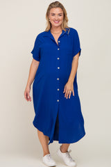 Royal Blue Button Down Hi Low Maternity Plus Maxi Dress