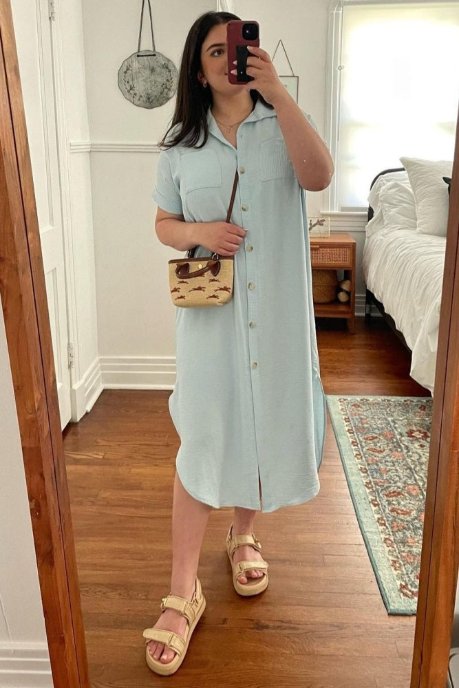 Light Blue Button Down Hi Low Maxi Dress