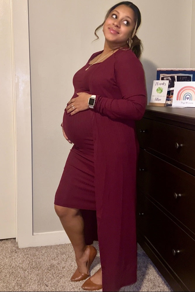 Burgundy Ribbed Cardigan 2 Piece Maternity Set