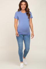 Blue Basic Crew Neck Maternity Tee