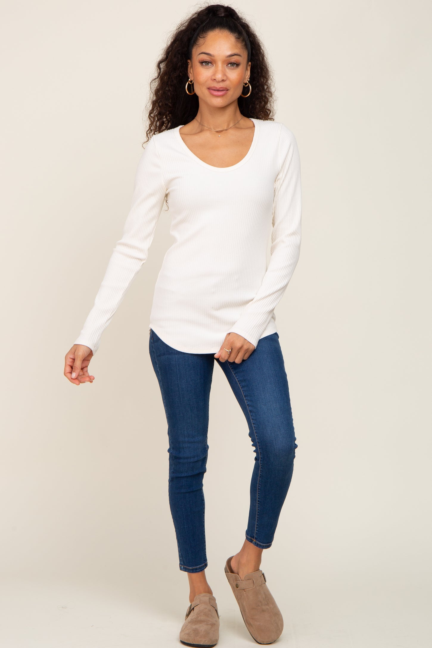 Ivory Ribbed Scoop Neck Long Sleeve Top