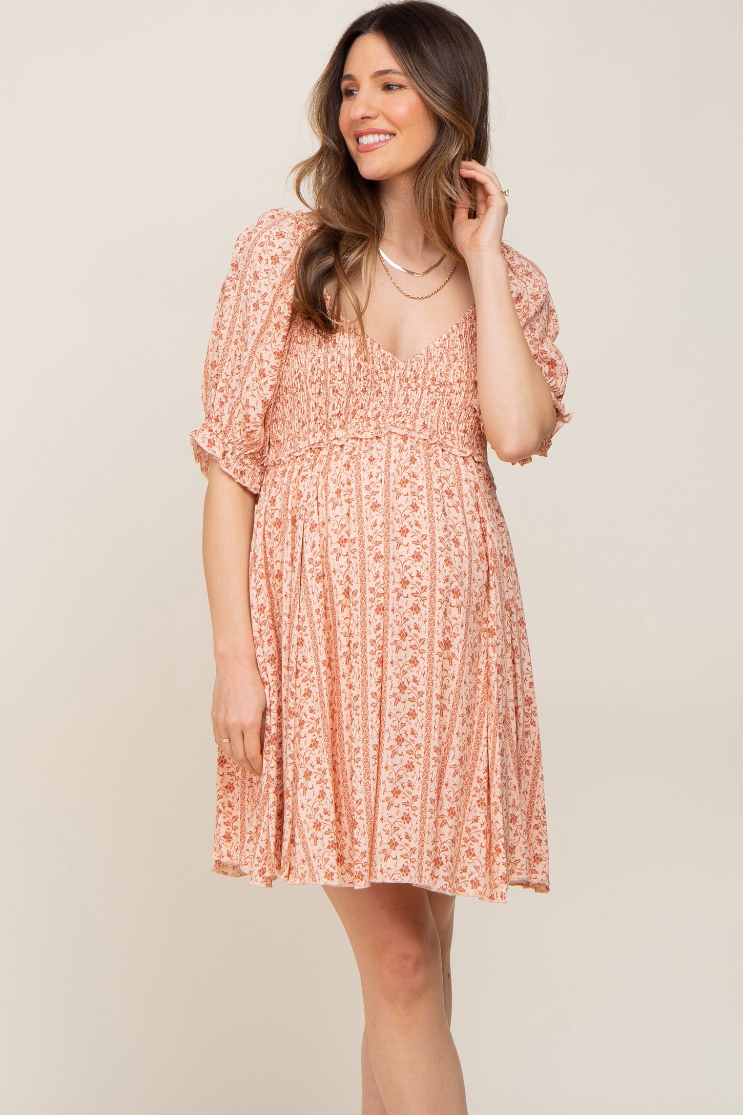 Peach Floral Puff Sleeve Smocked Maternity Mini Dress