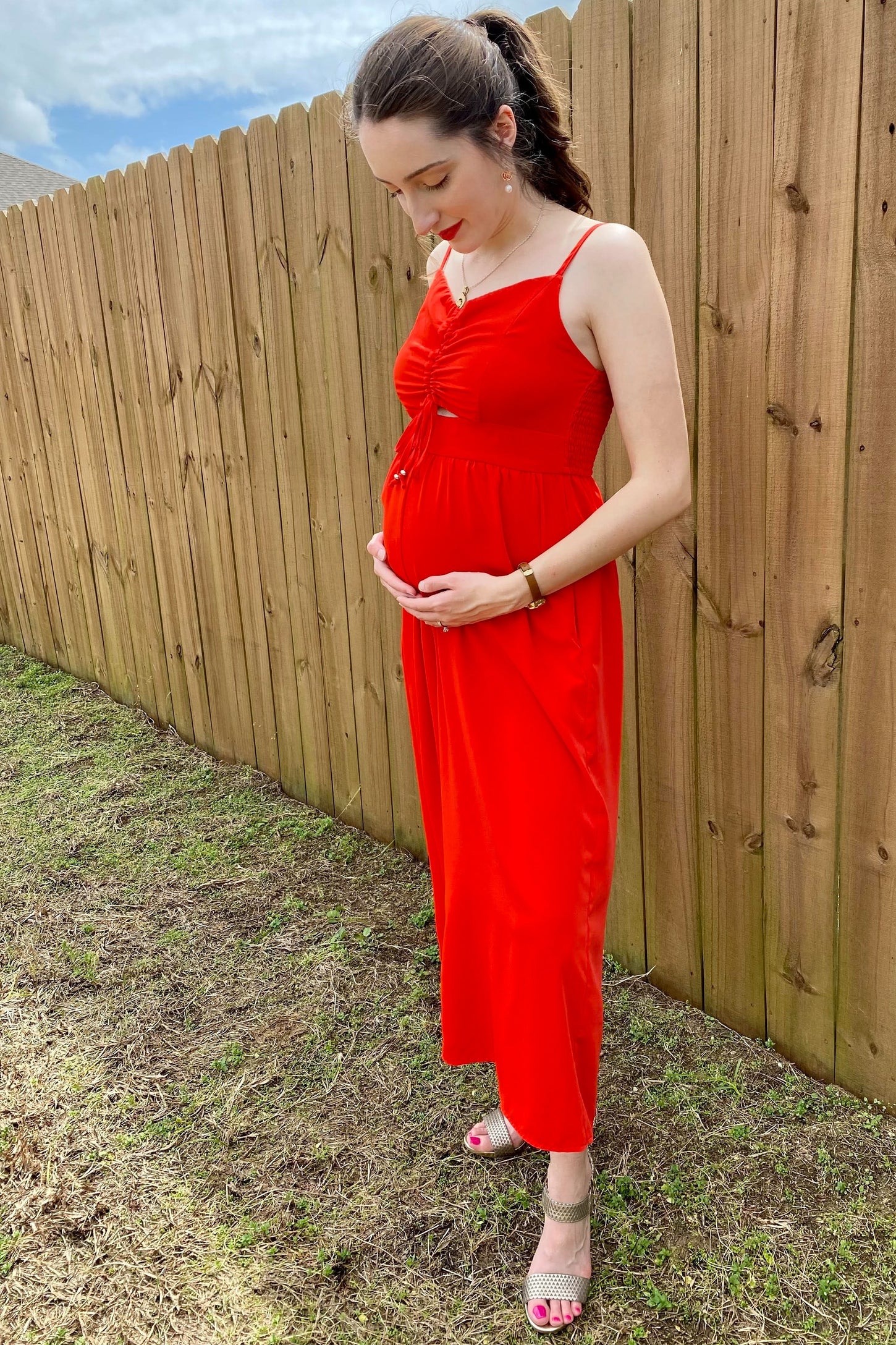 Red Sleeveless Ruched Drawstring Maternity Jumpsuit