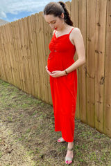 Red Sleeveless Ruched Drawstring Maternity Jumpsuit