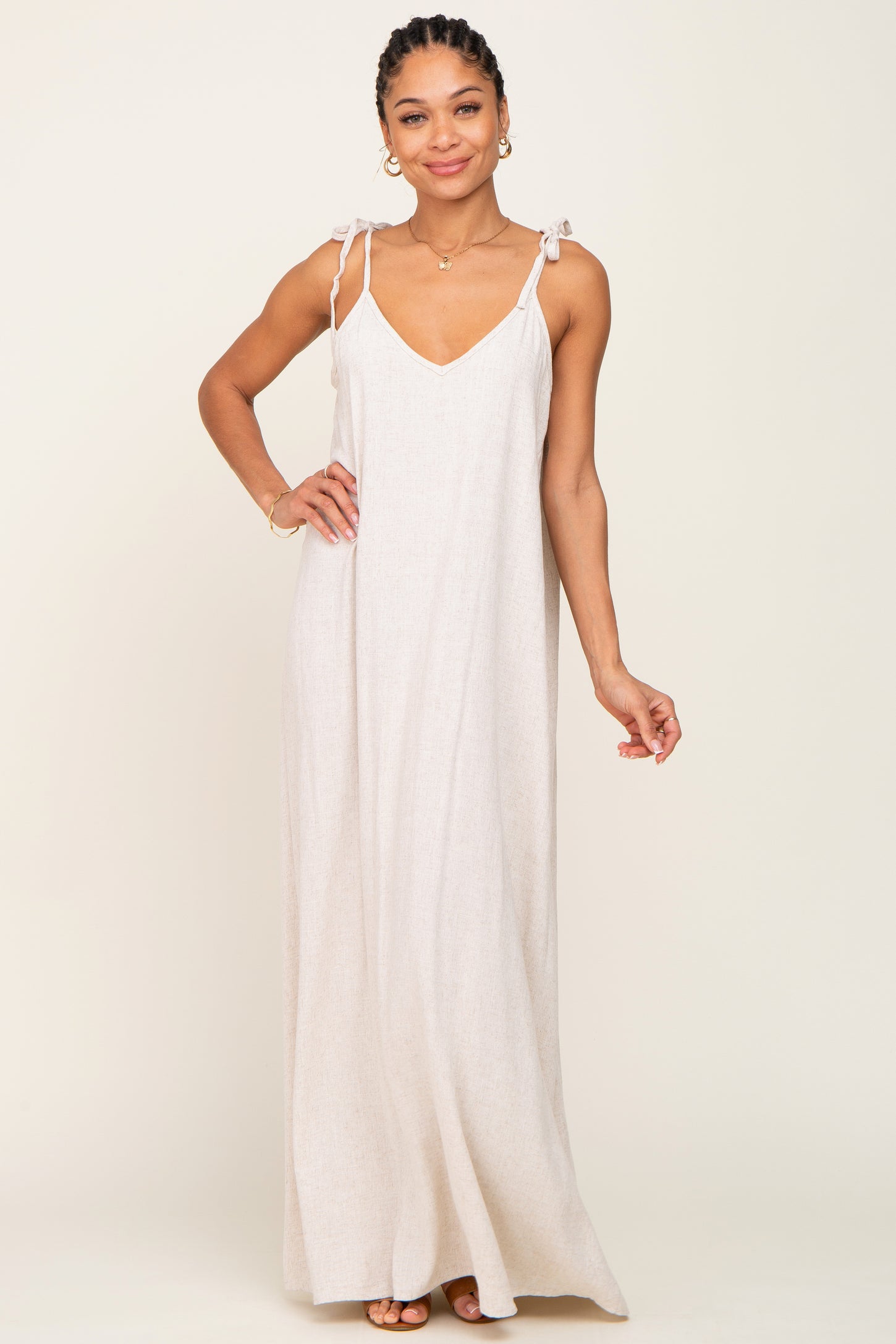 Beige Linen V-Neck Tie Strap Maxi Dress