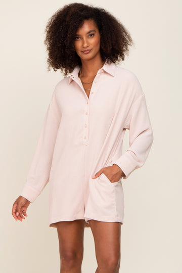 Beige Long Sleeve Button Down Romper