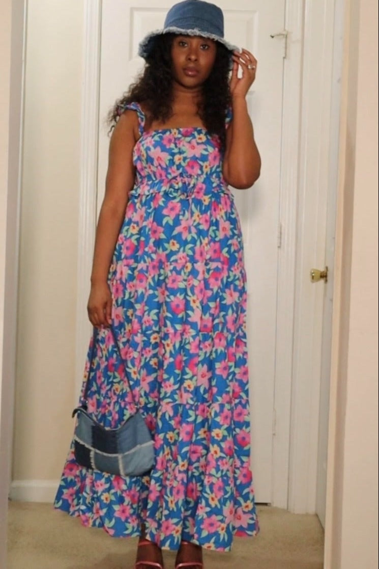 Royal Blue Floral Square Neck Ruffle Tiered Maternity Maxi Dress