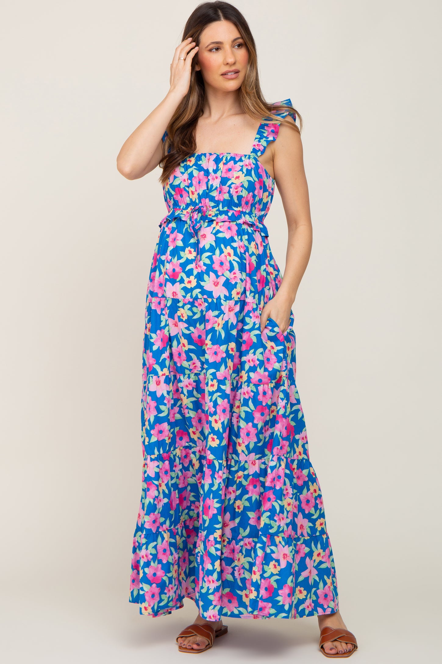 Royal Blue Floral Square Neck Ruffle Tiered Maternity Maxi Dress