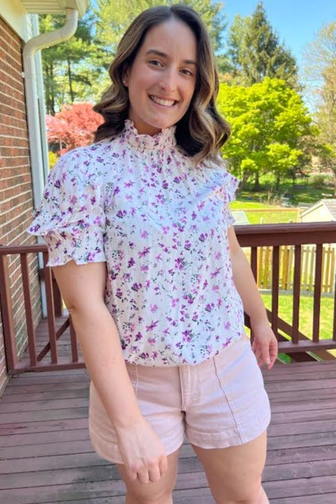 Lavender Floral Ruffle Mock Neck Blouse