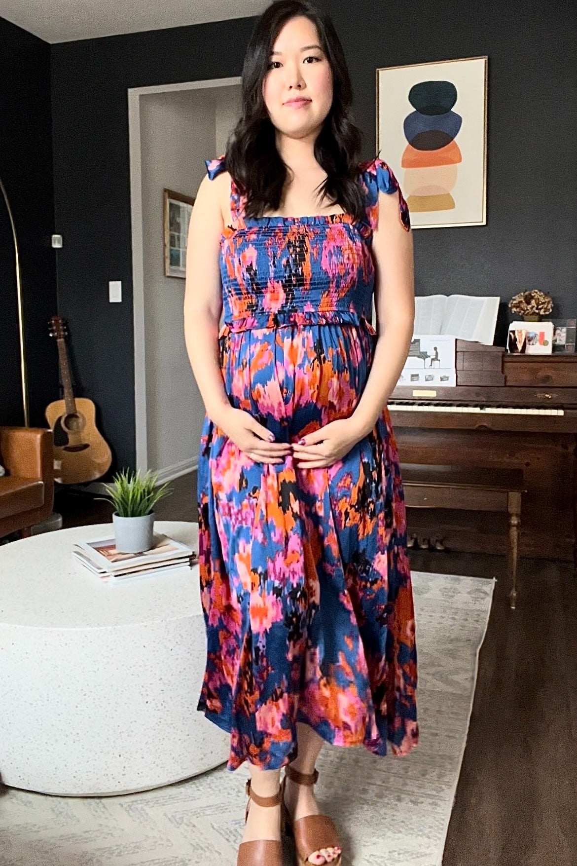 Blue Printed Satin Smocked Maternity Midi Dress