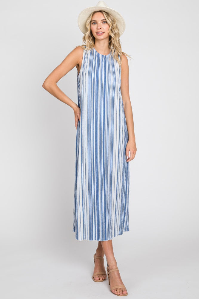 Blue Striped Sleeveless Maternity Midi Dress