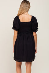 Black Smocked Puff Sleeve Maternity Dress