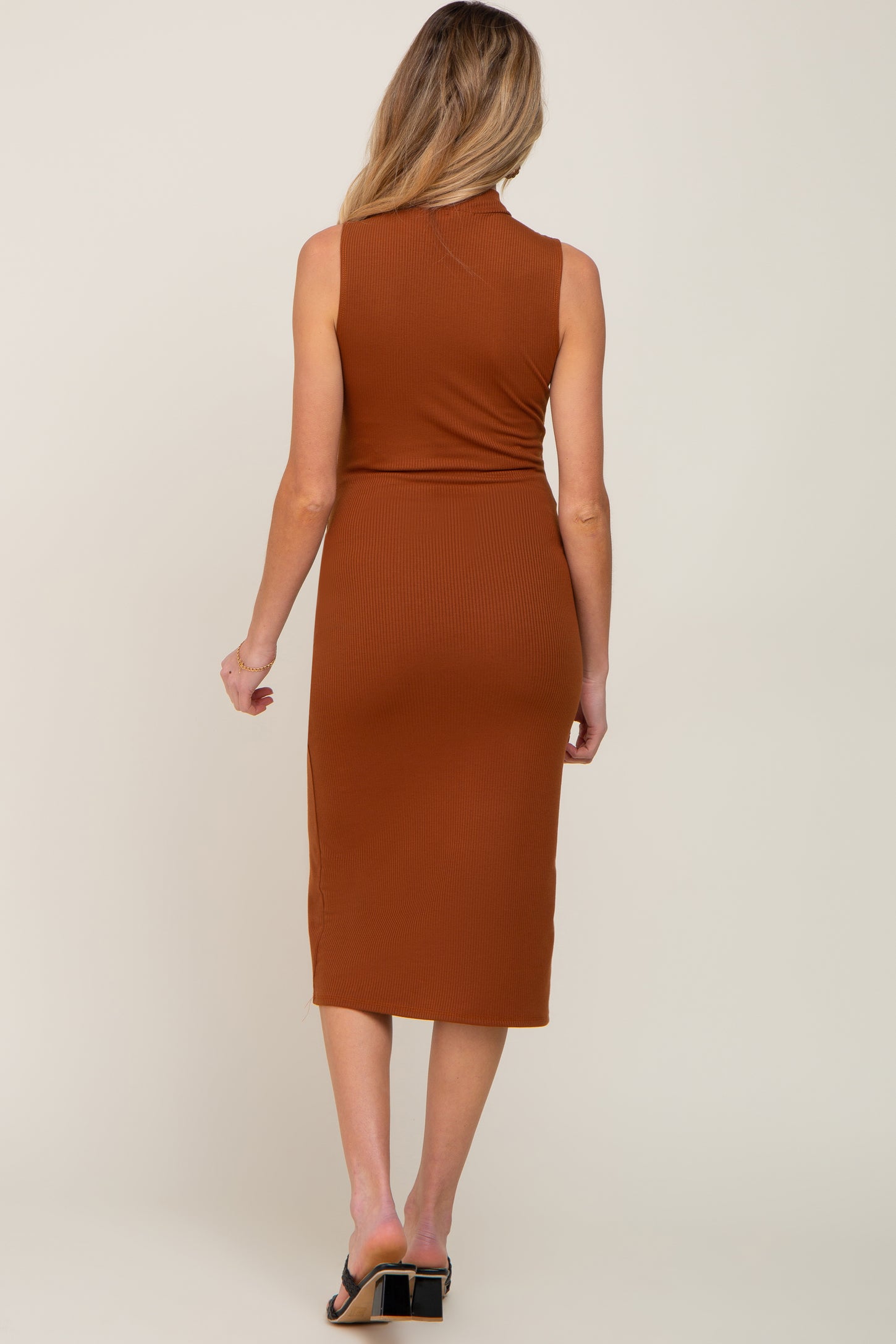 Camel Ribbed Sleeveless Mock Neck Maternity Midi Dress