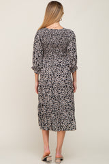 Black Floral Smocked 3/4 Sleeve Maternity Midi Dress