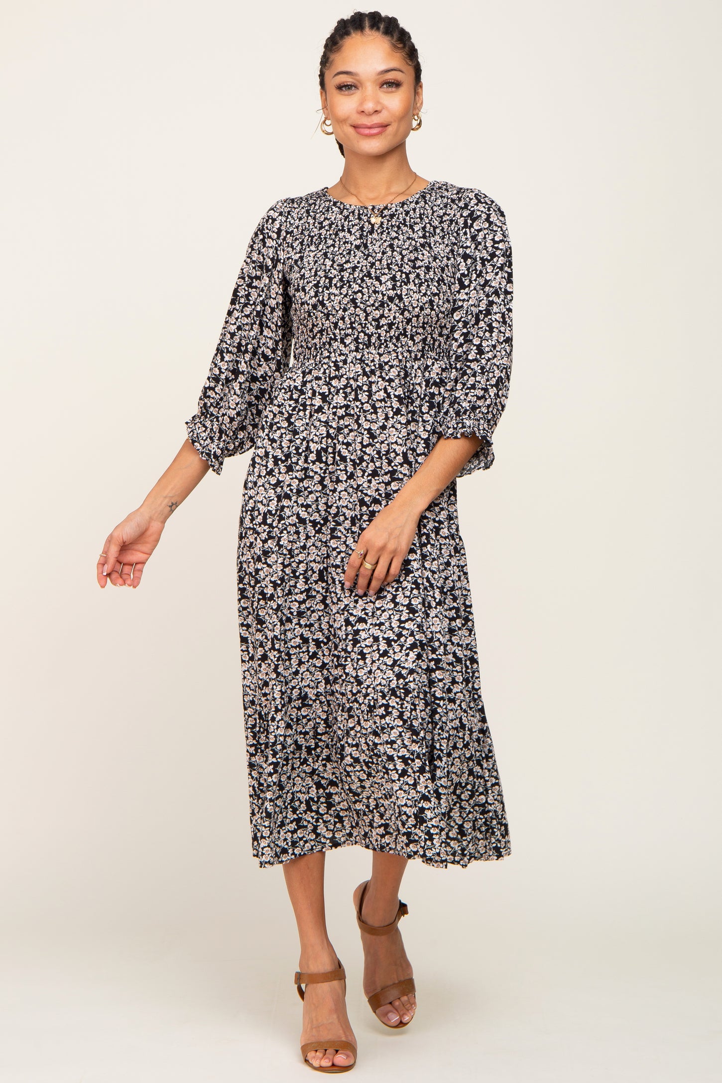 Black Floral Smocked 3/4 Sleeve Maternity Midi Dress