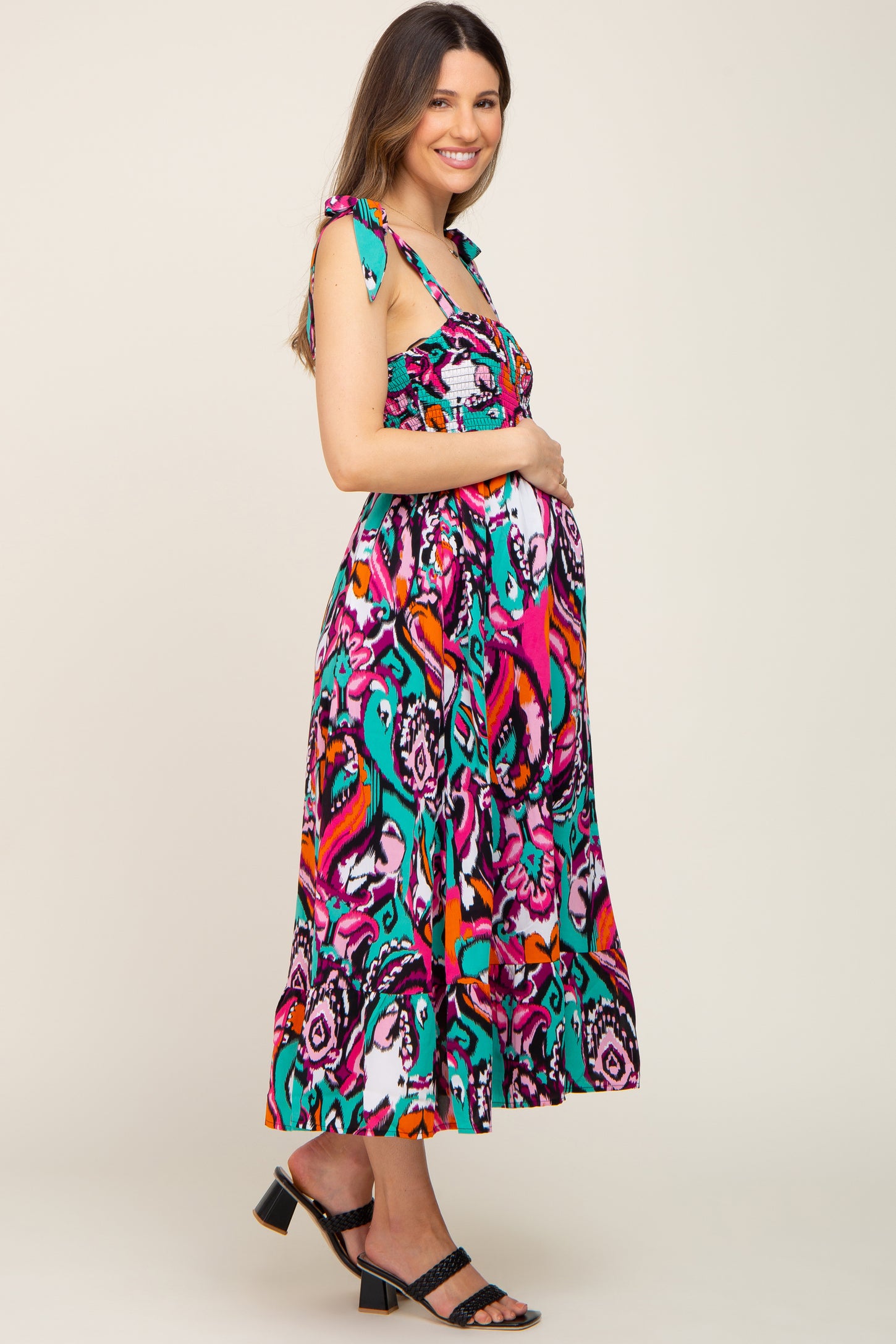 Black Printed Smocked Shoulder Tie Maternity Midi Dress