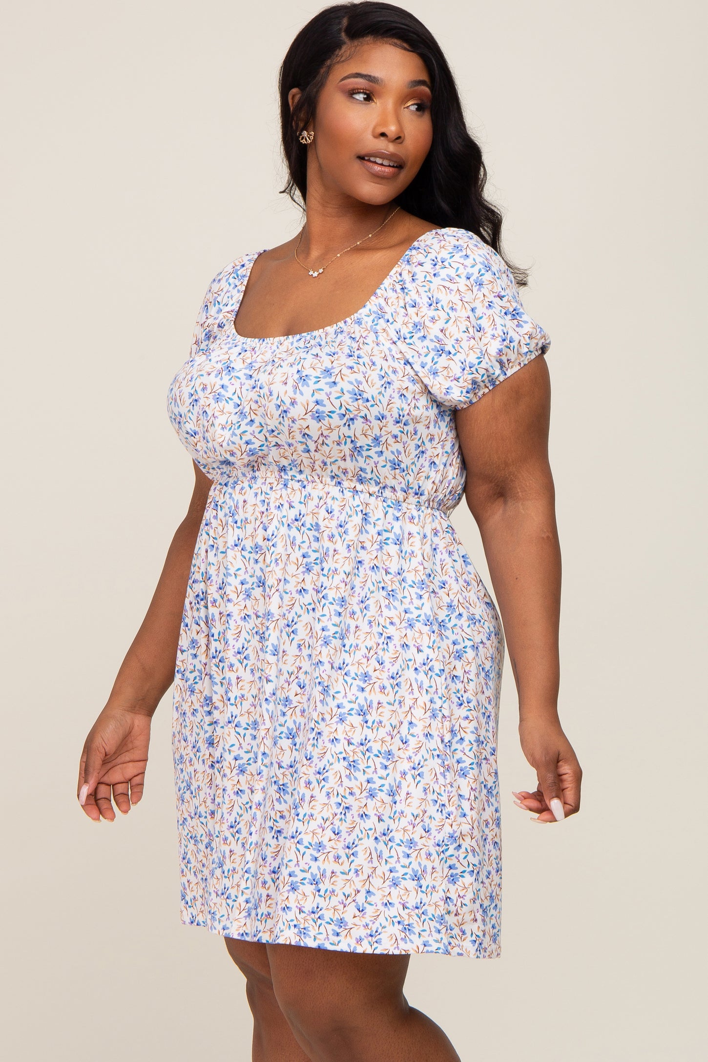 White Floral Short Puff Sleeve Dress