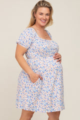 White Floral Short Puff Sleeve Maternity Dress