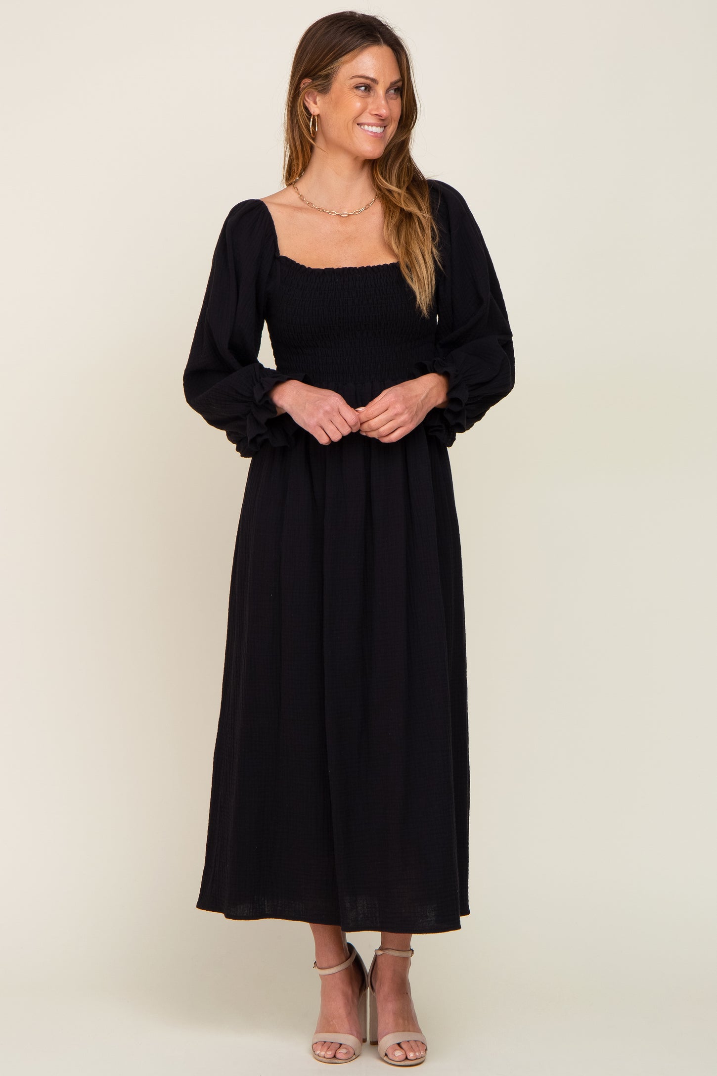 Black Gauze Smocked Maternity Midi Dress