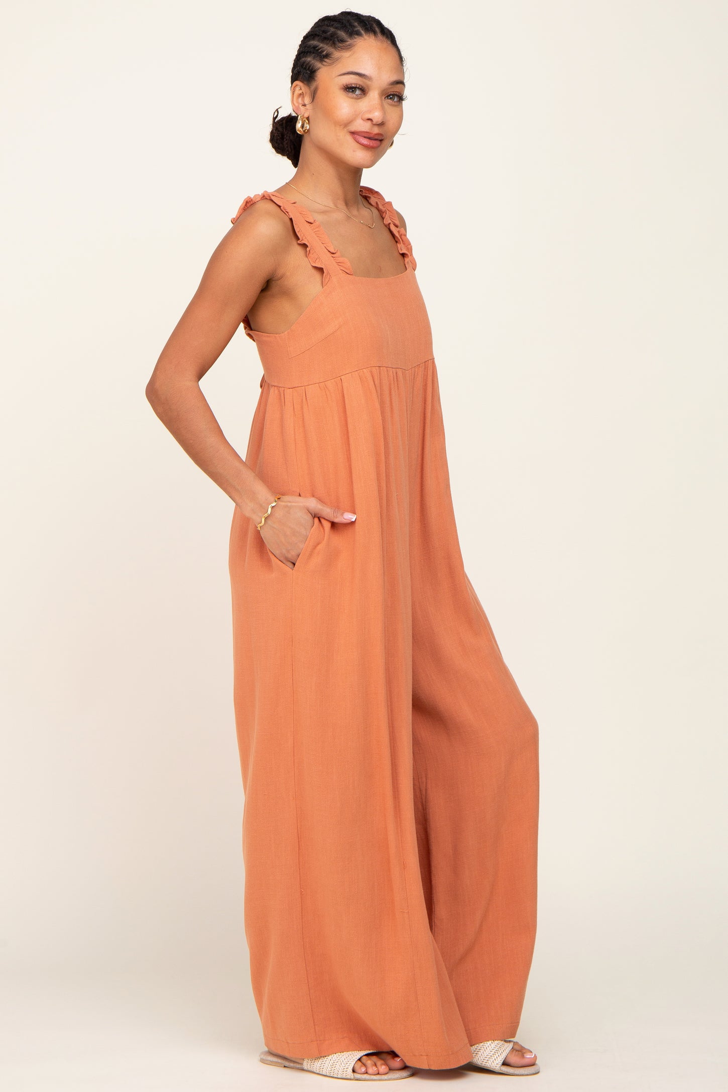 Rust Ruffle Trim Back Tie Jumpsuit