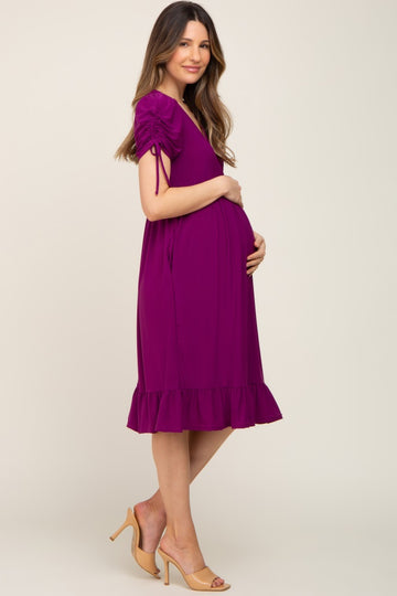 Purple Cinched Sleeve Maternity Midi Dress