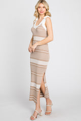 Taupe Striped Ribbed Sleeveless Knit Dress