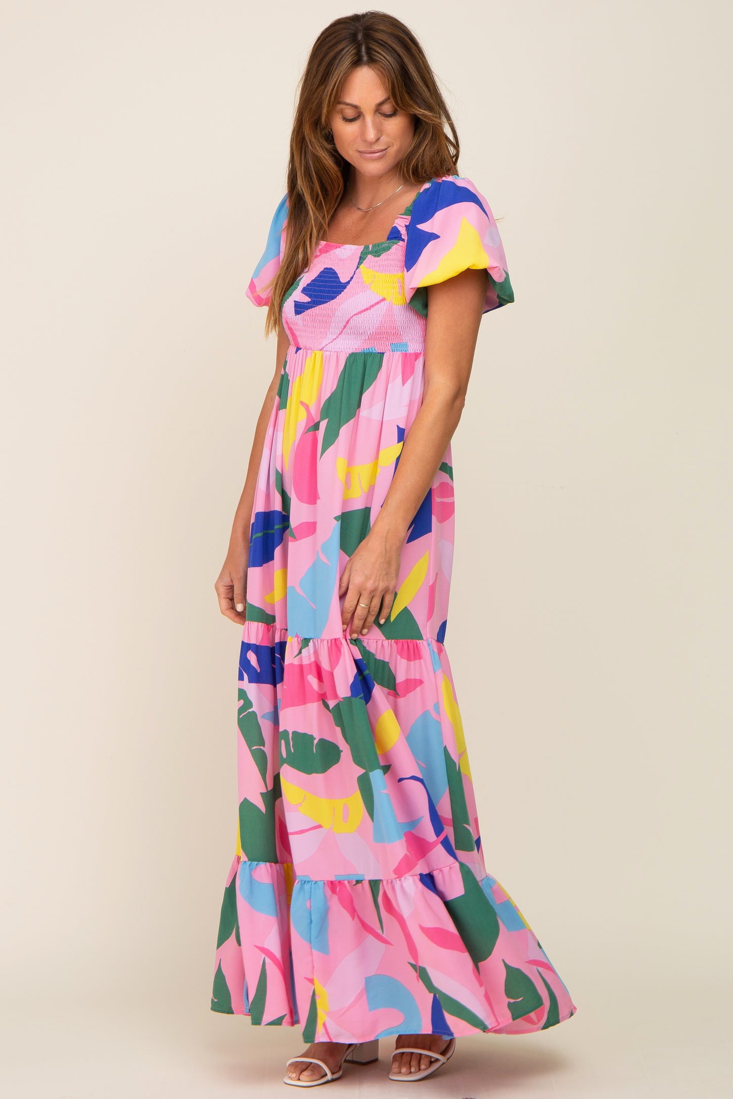 Pink Abstract Print Puff Sleeve Maxi Dress