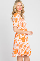 Orange Floral Smocked Puff Sleeve Dress