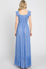 Blue Striped Off Shoulder Front Tie Maxi Dress