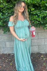 Green Striped Off Shoulder Front Tie Maternity Maxi Dress