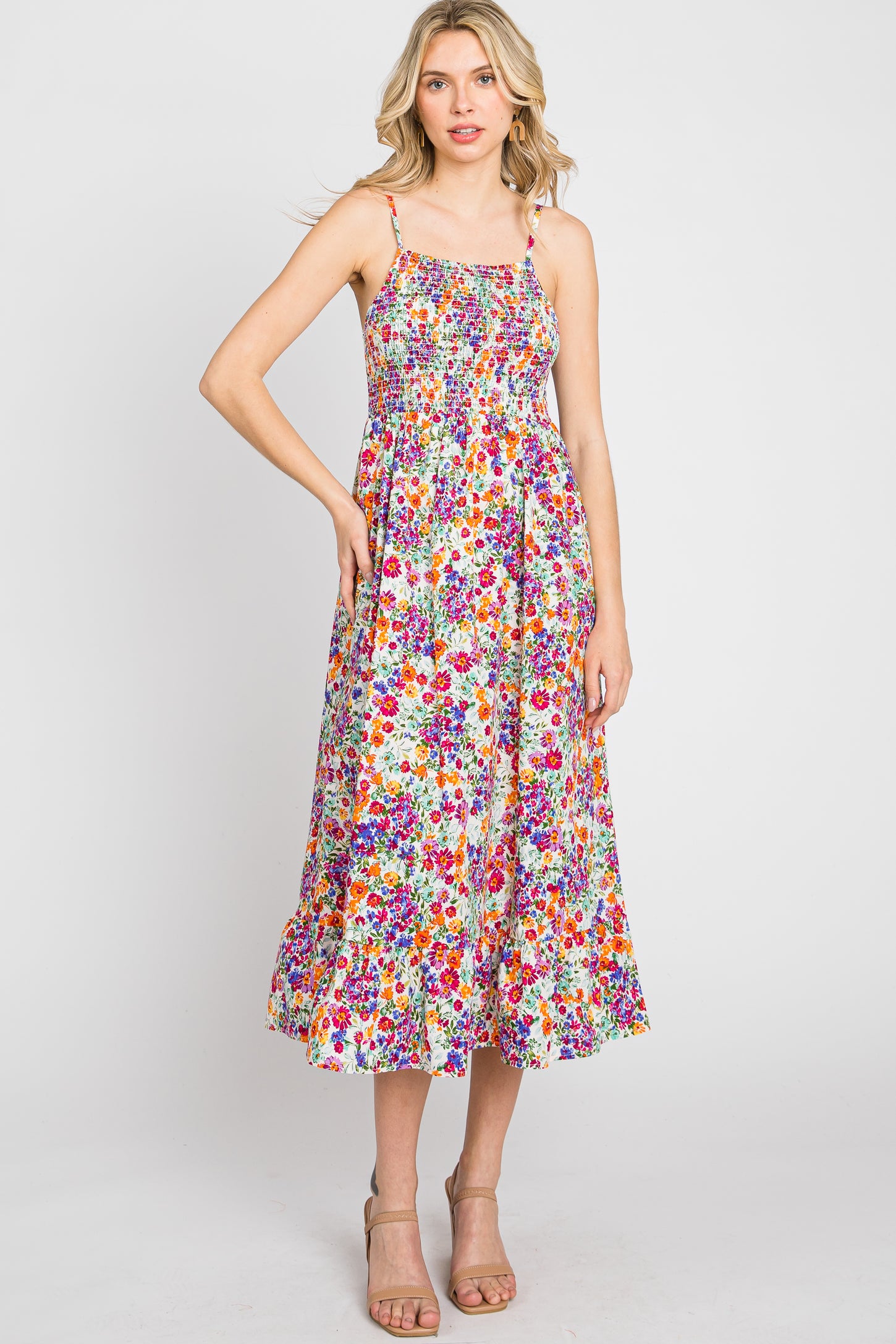 Fuchsia Floral Smocked Maternity Midi Dress