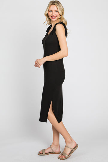Black Ribbed Shoulder Tie Midi Dress