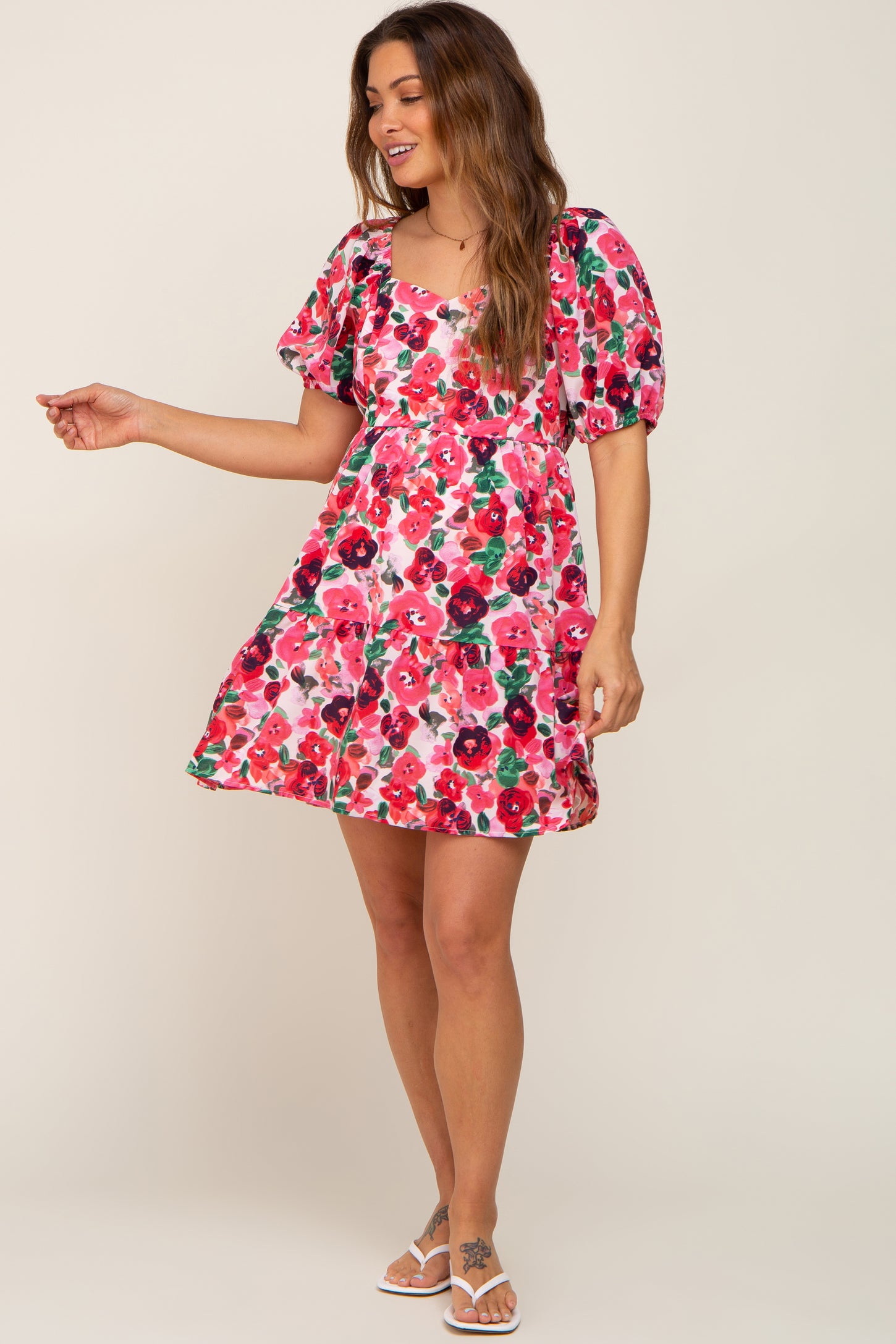 Pink Floral Sweetheart Neck Short Puff Sleeve Maternity Dress