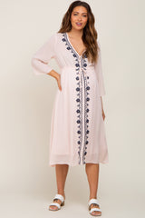 Light Pink Floral Embroidered 3/4 Sleeve Maternity Midi Dress