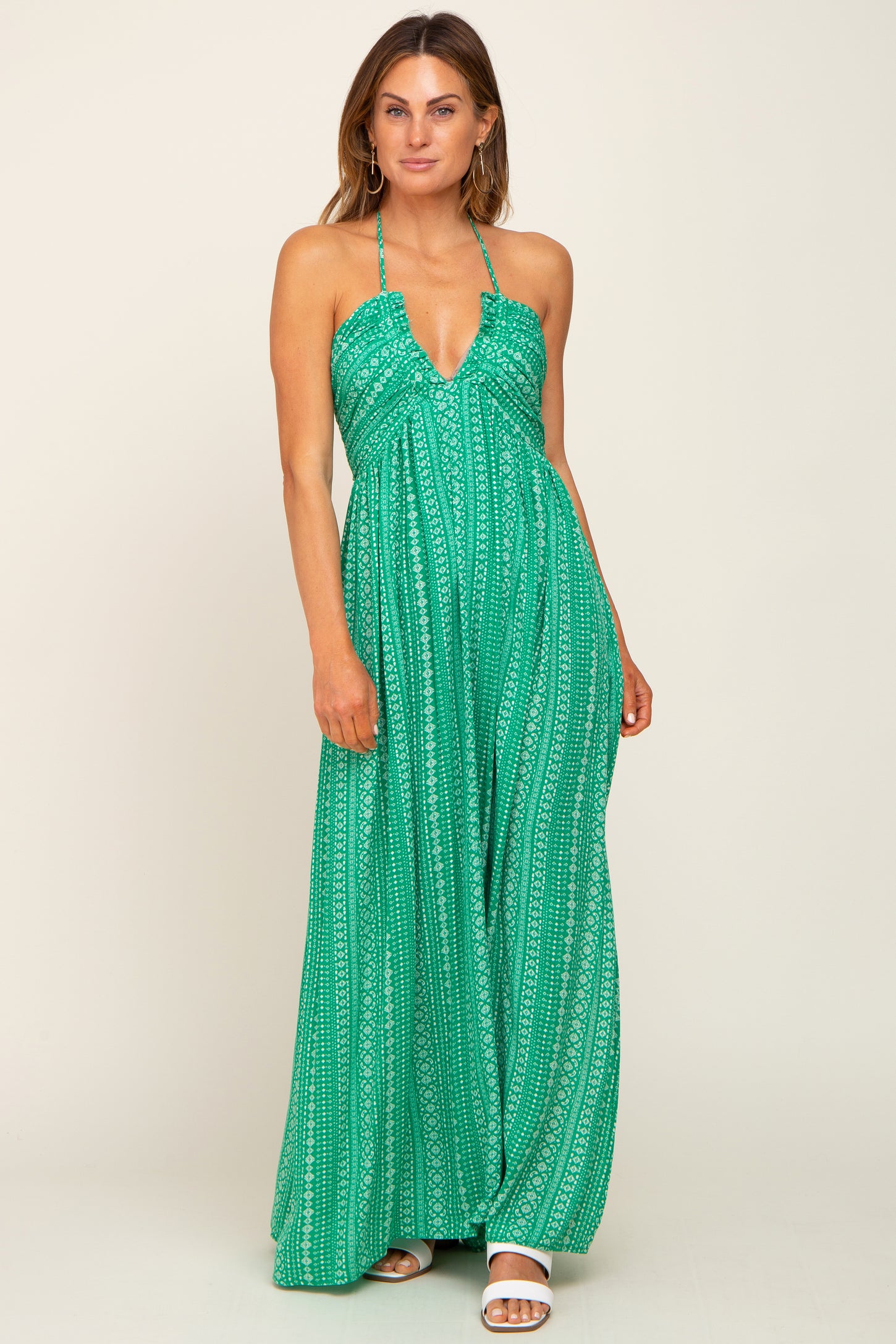 Green Halter Printed Side Slit Maxi Dress