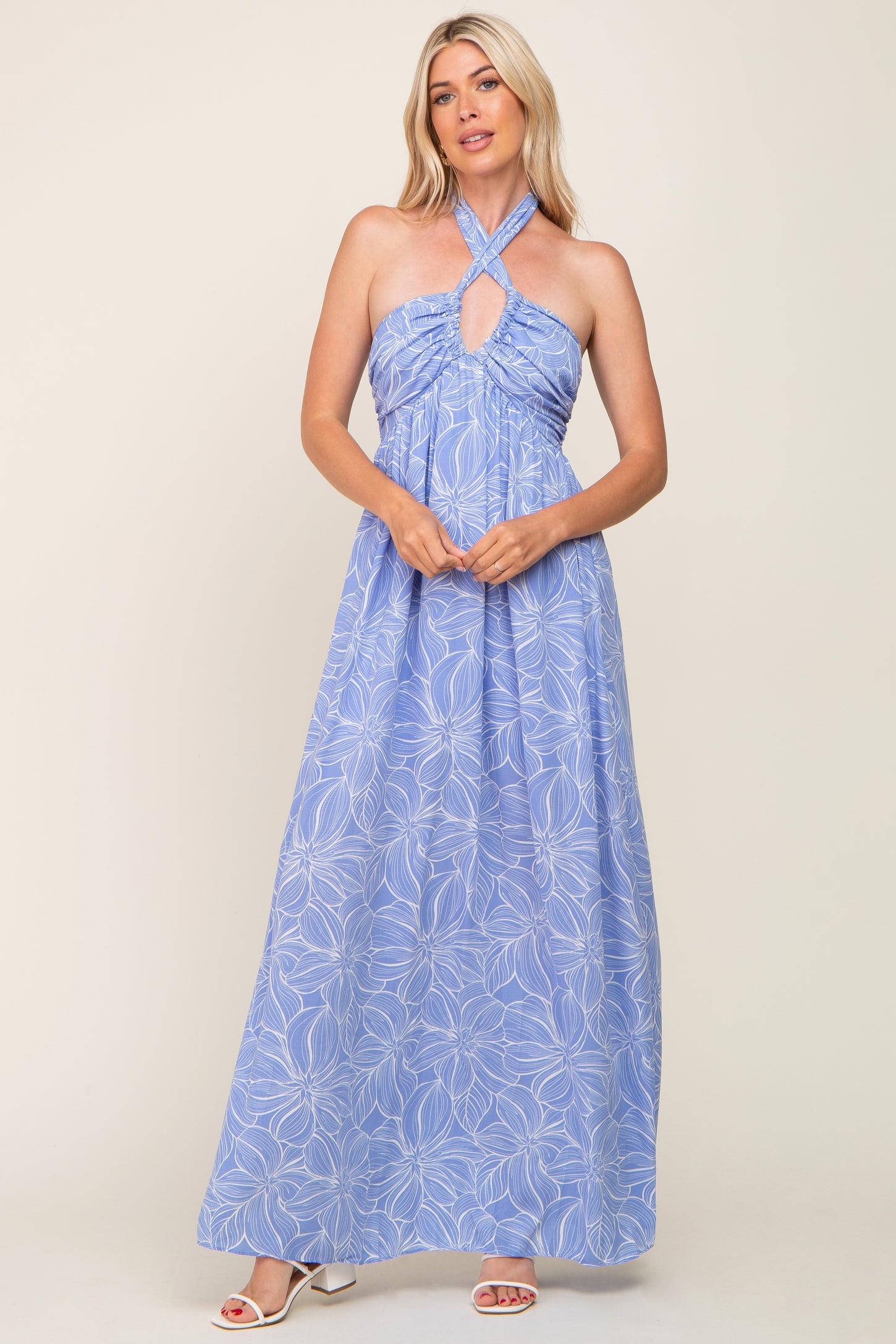 Blue Floral Halter Neck Maxi Dress