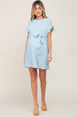 Light Blue Pleated Front Tie Maternity Dress