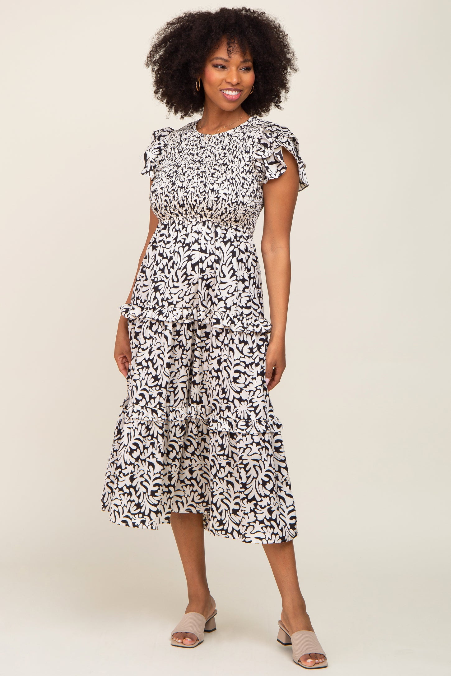 Black Smocked Ruffle Tiered Midi Dress