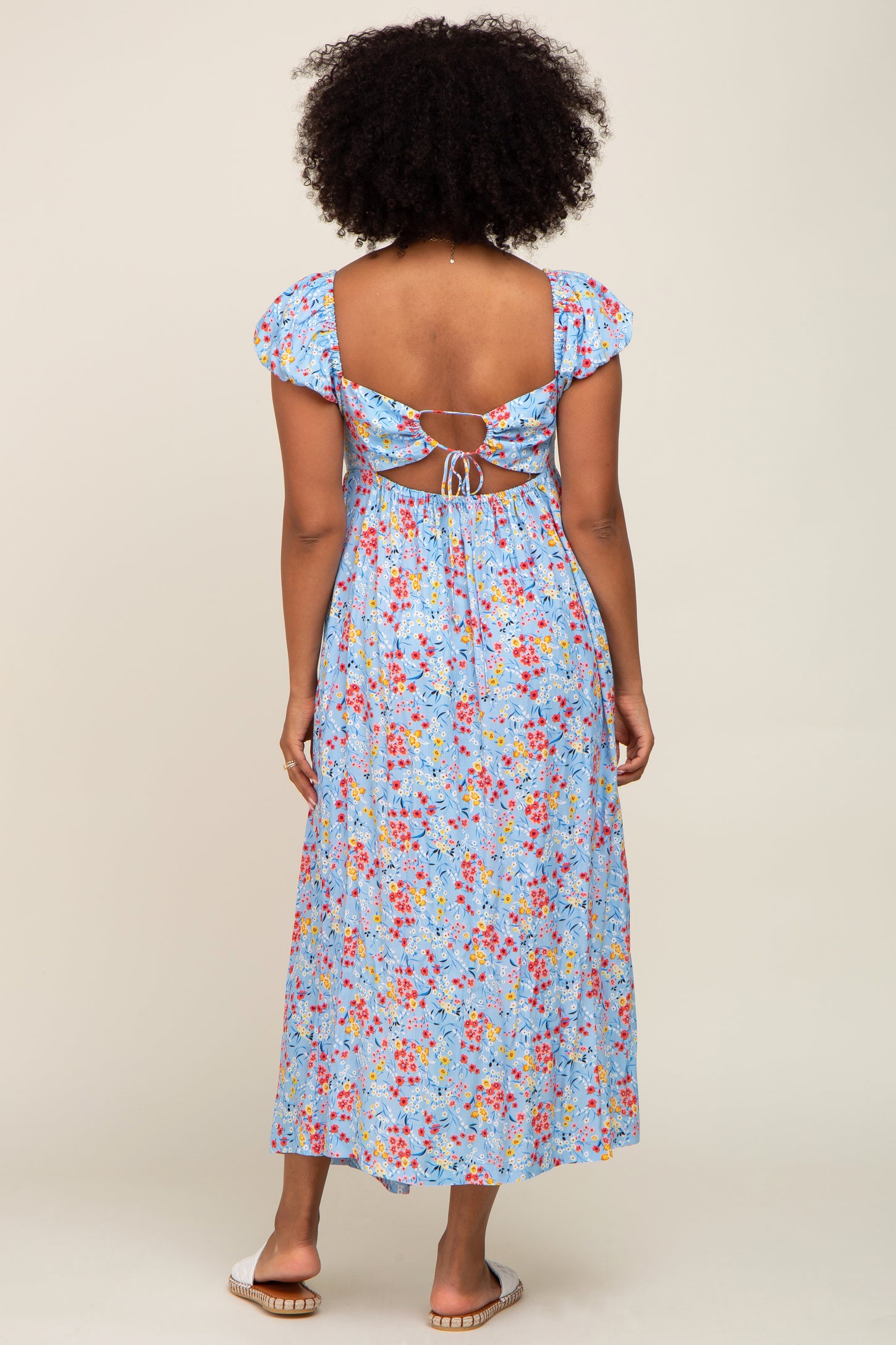 Light Blue Floral Back Cutout Midi Dress
