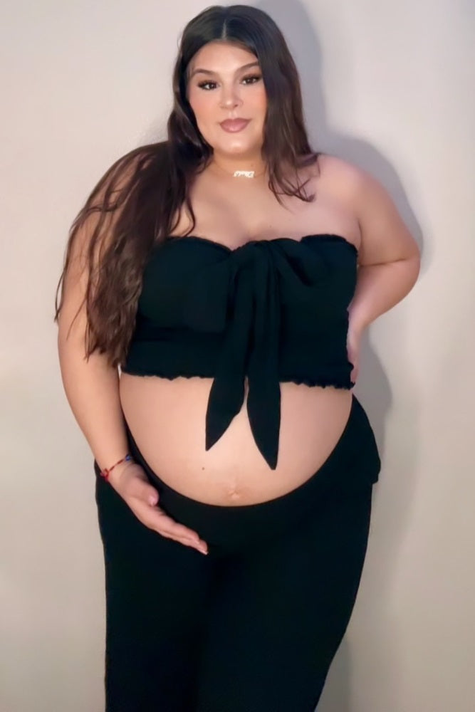 Black Front Tie Crop Top and Pant Maternity Set
