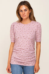Mauve Floral Side Ruched Maternity Short Sleeve Top