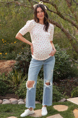 Ivory Floral Side Ruched Maternity Short Sleeve Top